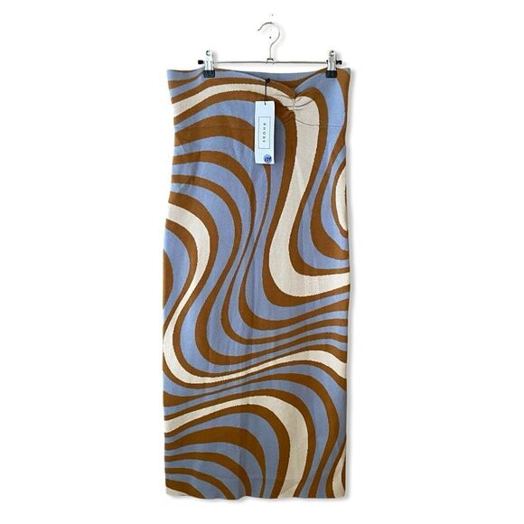 RHODE Ettie Floral Knit Midi Skirt Blue Brown Maxi Pencil Skirt Slit NWT L - Picture 7 of 12